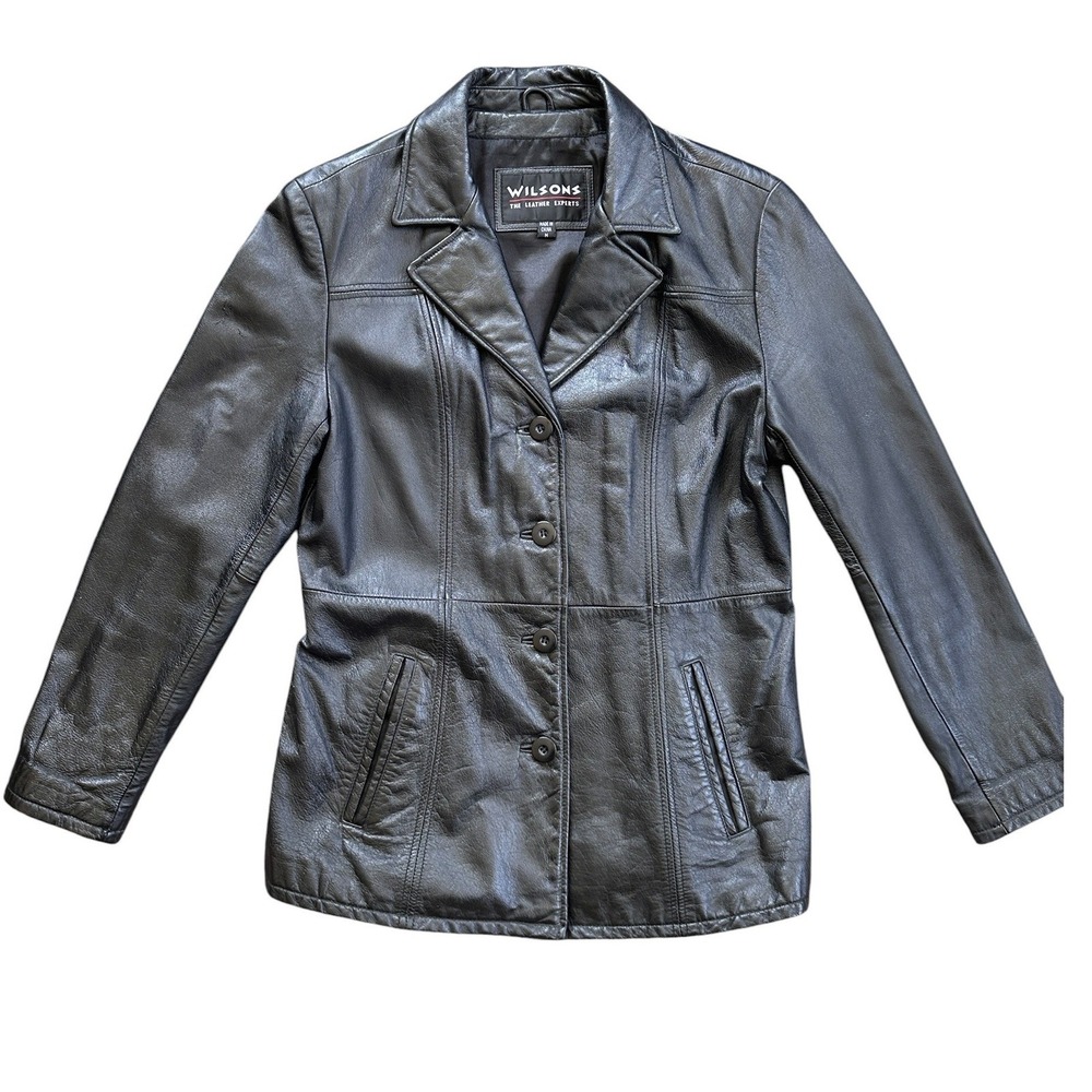 Wilsons Leather Jacket Women Size M Black Excellent Button Front Blazer Coat